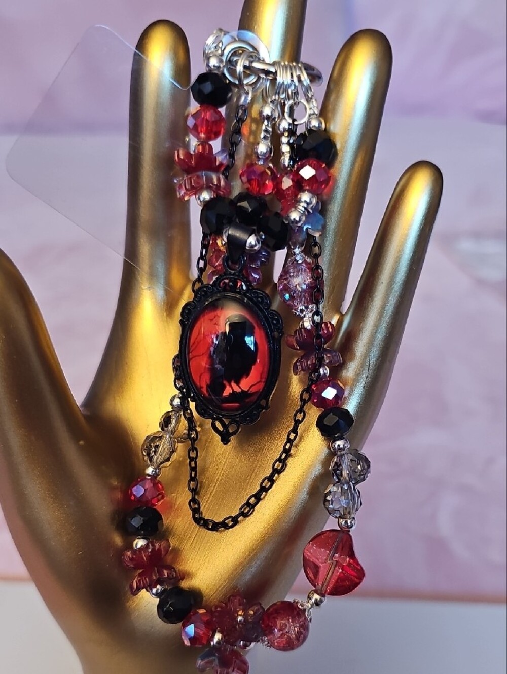 CHARMS: Black Raven Pendant Phone Charm - Red and Black - Picture 2 of 4